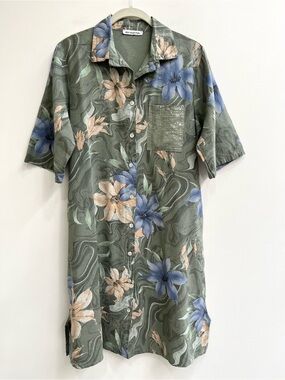 New Collection tropical floral short sleeve shirt dress 100% linen sage green OS